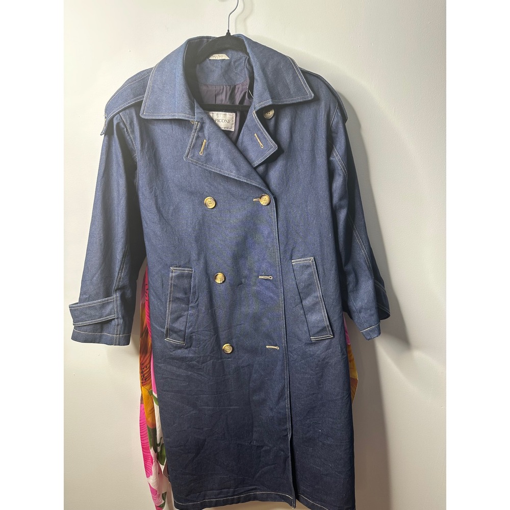 Evan Picone Vintage Denim Trench Coat Blue Double Breasted Floral Scarf Belt L